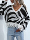 Zebra Pattern Dropped Shoulder Long Sleeve Knit Sweater - Black