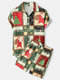 Mens Christmas Santa Claus Colorblock Print Lapel Short Two Pieces Outfits - Multi Color