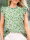 Women Ditsy Floral Print Frill Neck Ruffle Sleeve Blouse - Green
