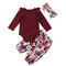 Floral Print Baby Infant Girls Long Sleeve Romper Set For 0-24M - Wine Red