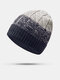 Unisex Acrylic Mixed Color Knitted Plus Velvet Striped Jacquard Thicken Warmth Brimless Beanie Hat - Navy