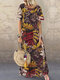 Vintage Floral Print Short Sleeve Plus Size Maxi Dress with Pockets - Coffee