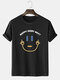 Mens Letter Smile Face Printed Cotton Short Sleeve T-Shirts - Black