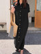 सॉलिड स्लिट पॉकेट बटन फ्रंट लैपल मैक्सी शर्ट ड्रेस - काली