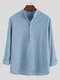 Mens Solid Stand Collar Button Long Sleeve Shirt - Blue