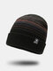 Men Knitted Plus Velvet Letter Label Color-match Striped Flanging Windproof Warmth Beanie Hat - Coffee