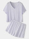 Women Solid Color V-Neck Texture Short Sleeve Home Comfy Pajama Sets - Purple