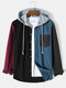 Mens Corduroy Colorblock Patchwork Casual Drawstring Hooded Shirts With Pocket - Blue