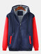 Mens Thicken Colorblock Patchwork Plus Velvet Zipper Winter Hooded Jackets - Red