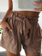 Solid Color Ruffle Elastic Waist Belt Shorts - Coffee