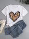 Heart Leopard Print O-neck Short Sleeves Casual T-Shirt For Women - White