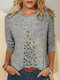 Casual Calico Embroidery O-neck Long Sleeve Blouse - Grey