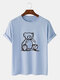 Mens 100% Cotton Cartoon Bear Print O-Neck Casual Short Sleeve T-Shirt - Blue