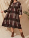 Plus Size Casual Plaid O-neck Loose Long Print Dress - Red