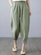 Solid Elastic Waist Casual Pants with Pocket for Women - Green