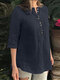 Cotton Solid Button Ruched High-Low Hem Casual Blouse - Navy