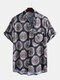 Mens National Style Printing Stand Collar Short Sleeve Loose Breathable Henley Shirt - As Picture