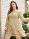 Plus Size Off Shoulder Calico Long Sleeve Dress - Yellow