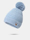 Women Knitted Solid Color Cartoon Elk Embroidered Fur Ball Decoration Plus Velvet Warmth Beanie Hat - Blue