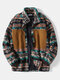 Mens Ethnic Tribal Pattern Patched Zip Front Plush Loose Jacket - Brown