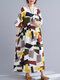 Women Flower Color Block Loose O-neck Half Sleeve Print Dress - White