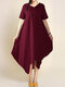 Asymmetrical Solid Color Frog Button Plus Size Dress - Wine Red