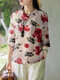 Women Floral Print Stand Collar Chinese Style 3/4 Sleeve Blouse - Red