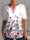 T-shirt a maniche corte con scollo a V patchwork a contrasto con stampa floreale - Rosa