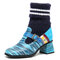 SOCOFY Bohemian Strips Genuine Leather Splicing Metal Buckle High Heel Socks Boots - Blue