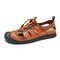 Men Hand Stitching Leather Lace up Non Slip Soft Sole Outdoor Sandals - Brown