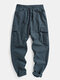 Mens Cotton Linen Solid Color Casual Drawstring Cargo Pants - Blue