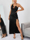 Solid Color Halter Backless Slit Hem Sleeveless Maxi Sexy Dress For Women - Black