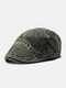 Men Distressed Washed Cotton Letter Geometric Arrow Embroidery Casual Beret Flat Cap - Green