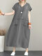 Women Solid Short Sleeve Pocket V-neck Vintage Dress - Gray