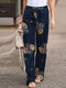 Print Elastic Waist Knotted Plus Size Casual Pants with Belt - Navy