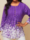 Printed Pleated O-neck Button Long Sleeve Blouse - Purple