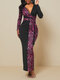 Leopard Printed Long Sleeve V-neck Patchwork Maxi Dress With Belt - Red