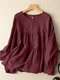 Women Solid Tiered Design Crew Neck Cotton Long Sleeve Blouse - Wine Red