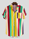 Mens Cool Rainbow Striped Patch Pocket Casual Short Sleeve Shirts - Red