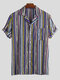 Mens Ethnic Style Colorful Striped Summer Short Sleeve Loose Casual Shirt - Blue