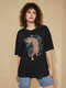 Tiger Flower Graphic Casual Crew Neck T-shirt - Black