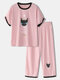 Women Cute Black Cat Print Cropped Pants Cotton Pajamas Sets With Contrast Trim - Pink