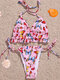 Women Colorful Butterfly Print Frill Trim Tie Halter Micro Bikinis Swimwear - Pink