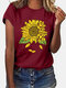 Sunflower Print Short Sleeve Casual O-neck T-shirt - Wine Red