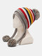 Women Knitted Plus Velvet Ear Protection Color-match Striped Fur Ball Decoration Warmth Beanie Hat - Gray