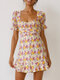 Floral Print Open Back Tie Puff Sleeve Ruffle Mini Dress - Apricot