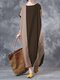 Vintage Contrast Color Loose O-neck Short Sleeve Dress For Women - Khaki