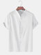 Mens Solid Color Cotton Linen Stand Collar Loose Casual Short Sleeve Shirts - White