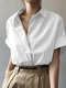 Women Solid Color Lapel Casual Short Sleeve Shirt - White