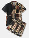 Mens Abstract Print V-Neck Patchwork Pocket Short Sleeve Loungewear Sauna Sweating Suit - Black